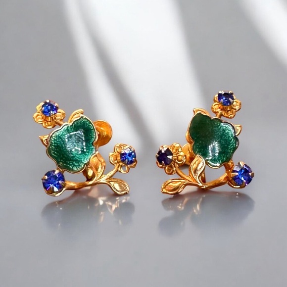 Vintage Enamel Garden Screwback Earrings - Picture 1 of 5